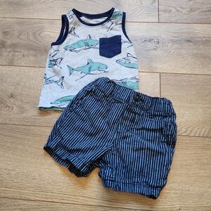 Shark Print Tank Top and Striped Shorts Set